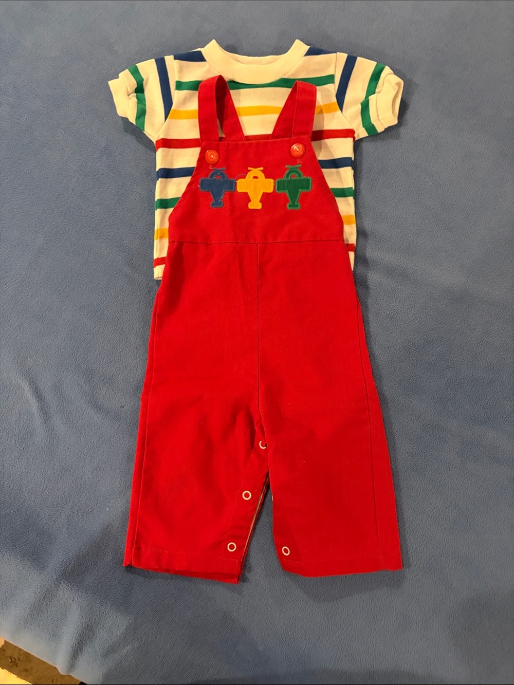 Health Tex Red Cotton Overalls with plane decor and a Striped Short-sleeve Tee